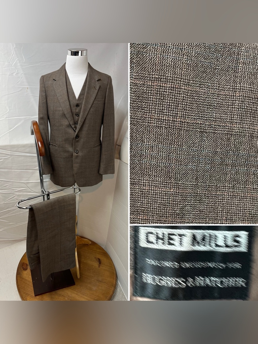 Vintage 60s-70s Chet Mills Men's 40R Blazer 34x29 Pants Vest 3-Piece Plaid Suit
